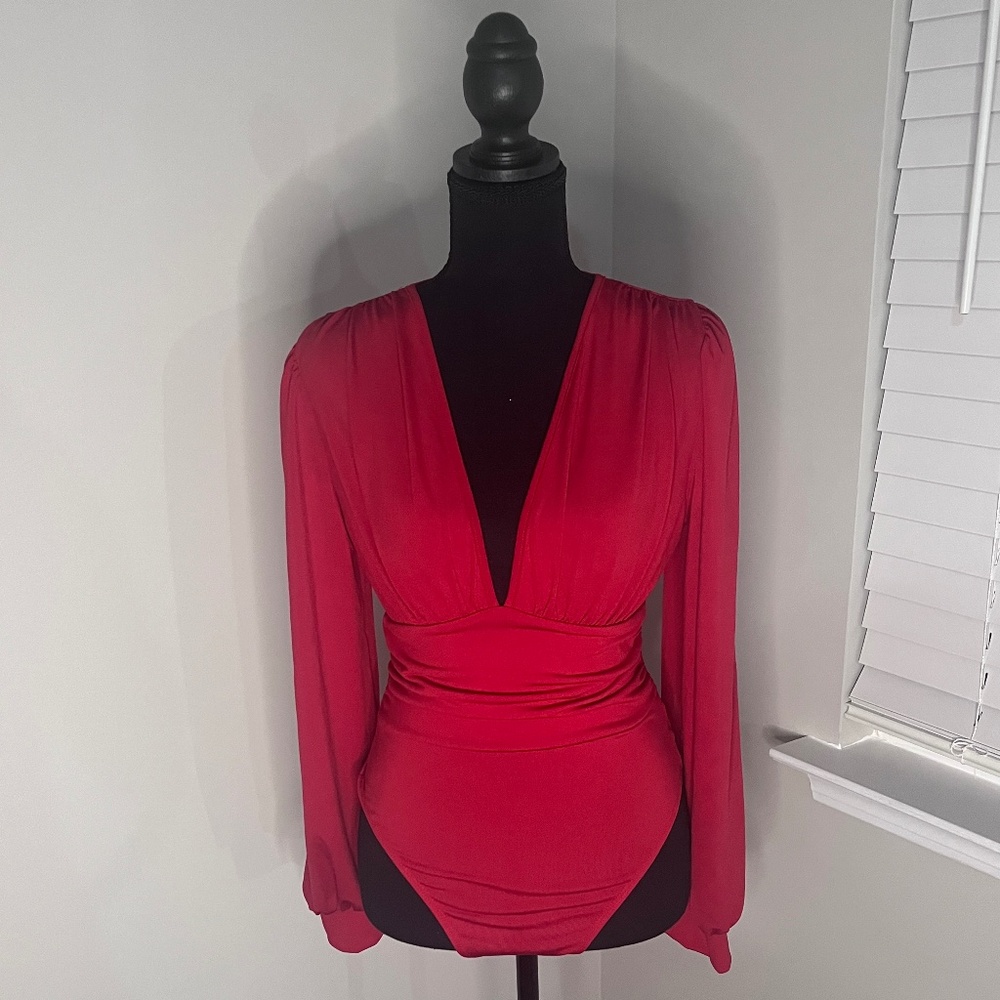 Bell Sleeved Bodysuit with Plunging Neckline in Red